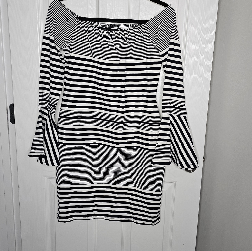 Sugar Lips Body Con Striped Off The Shoulder Bell Sleeve Navy Striped Dress- L